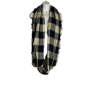 Plaid Black and Beige Tan Infinity Scarf Fringe Raw Hem